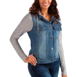 Women's Antigua Denim/Heathered Gray Atlanta United FC Swag Denim Bomber Hoodie Jacket