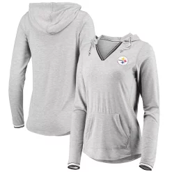 Women's Antigua Heathered Gray Pittsburgh Steelers Warm-Up Tri-Blend Hoodie Long Sleeve V-Neck T-Shirt