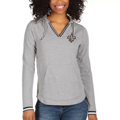 Women's Antigua Heathered Gray New Orleans Saints Warm-Up Tri-Blend Hoodie Long Sleeve V-Neck T-Shirt