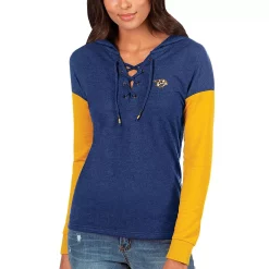 Women's Antigua Heathered Navy/Gold Nashville Predators Amaze Lace-Up Hoodie Tri-Blend Long Sleeve T-Shirt