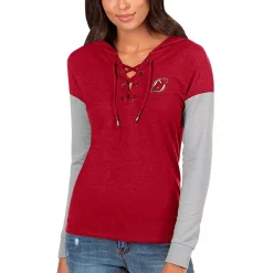 Women's Antigua Heathered Red/Heathered Gray New Jersey Devils Amaze Lace-Up Hoodie Tri-Blend Long Sleeve T-Shirt