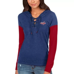Women's Antigua Heathered Navy/Red Washington Capitals Amaze Lace-Up Hoodie Tri-Blend Long Sleeve T-Shirt