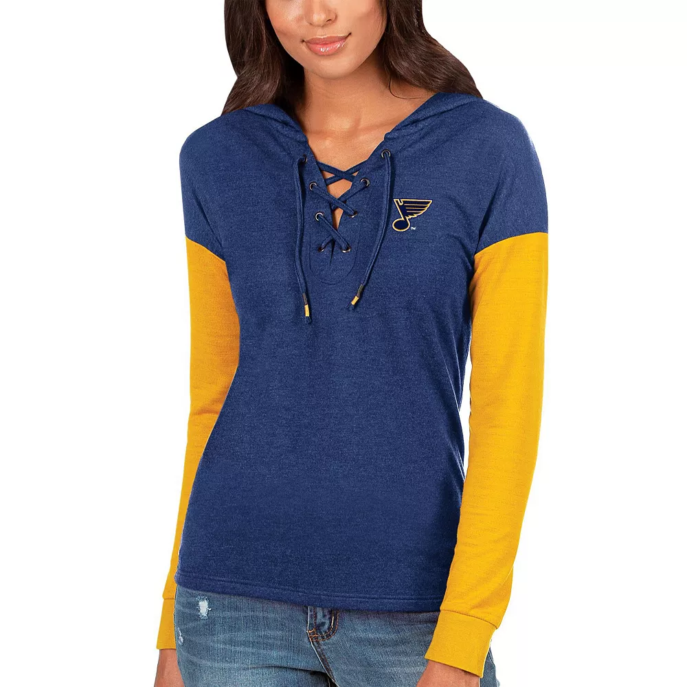 Women's Antigua Navy/Gold St. Louis Blues Amaze Lace-Up Hoodie Long Sleeve T-Shirt