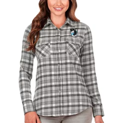 Women's Antigua Gray/White Minnesota United FC Ease Flannel Long Sleeve Button-Up Shirt
