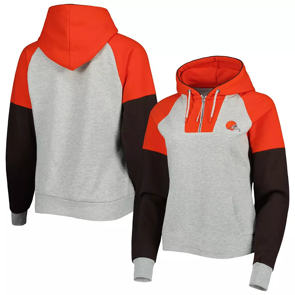 Women's Antigua Heathered Gray/Orange Cleveland Browns Jackpot Raglan Half-Zip Pullover Hoodie