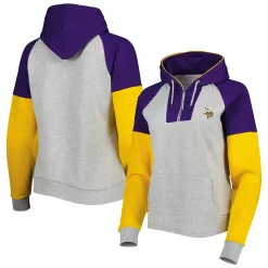 Women's Antigua Heathered Gray/Purple Minnesota Vikings Jackpot Raglan Half-Zip Pullover Hoodie
