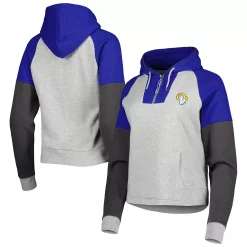 Women's Antigua Heathered Gray/Royal Los Angeles Rams Jackpot Raglan Half-Zip Pullover Hoodie