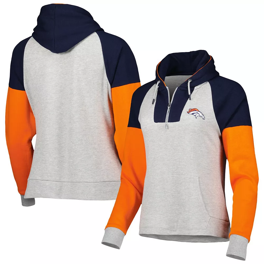 Women's Antigua Heathered Gray/Navy Denver Broncos Jackpot Raglan Half-Zip Pullover Hoodie